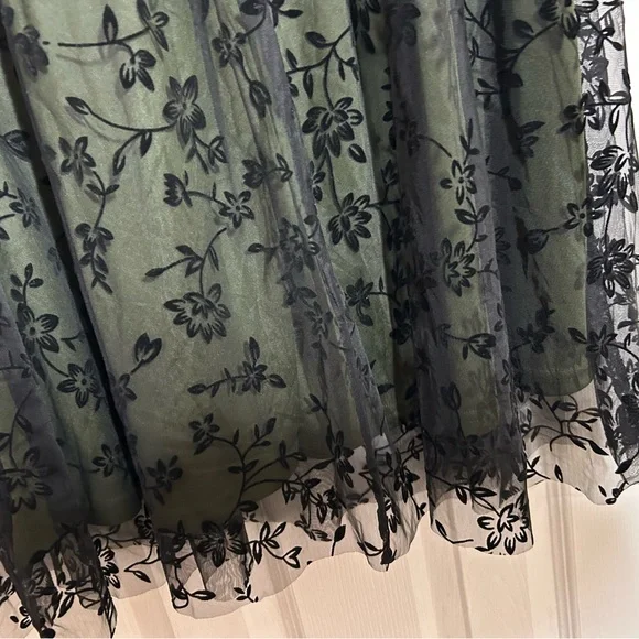 Olive Green Mesh Overlay Skirt Floral Velvet Burnout Midi A-Line Women’s M - Picture 9 of 11
